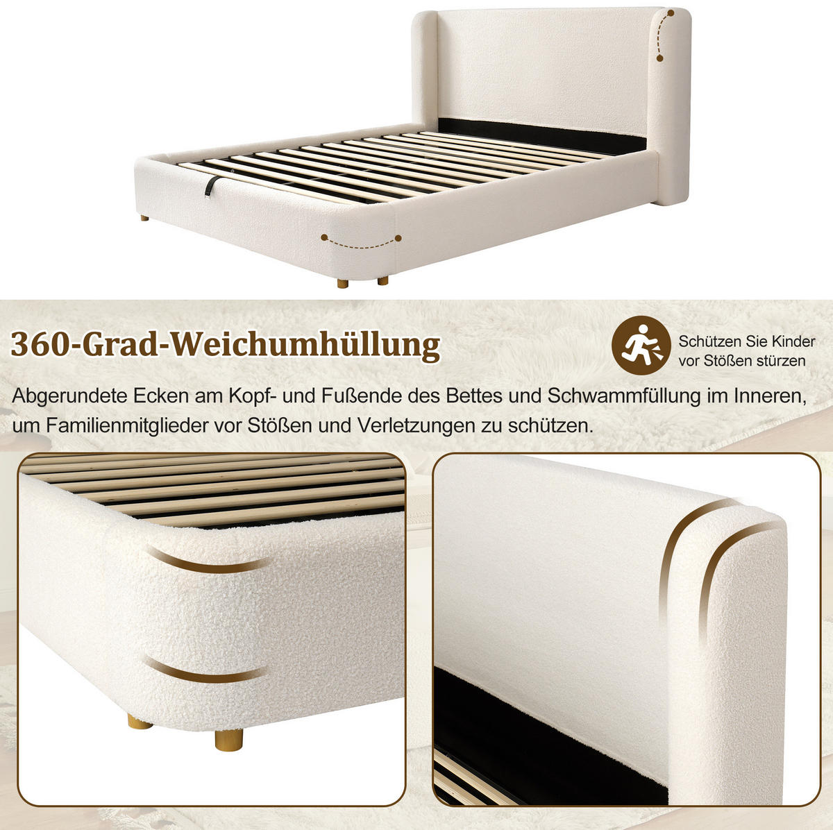 POLSTERBETT mit Bettkasten aus Bouclé 140x200 cm Beige mit hydraulischer Öffnung und Lattenrost - Beige, Textil (140/200cm) - Modfu