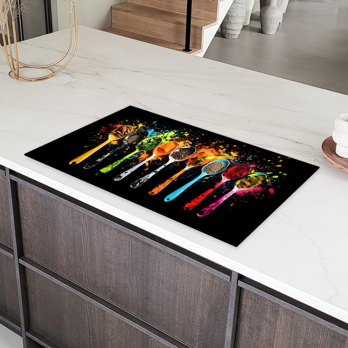 HERDABDECKPLATTE Löffel - Gewürze - Modern - Graffiti - Farbe - Farbenfroh Induktionsschutz 91.6x52.7 cm - Multicolor, Kunststoff (91.6/52.7/0.2cm) - MuchoWow