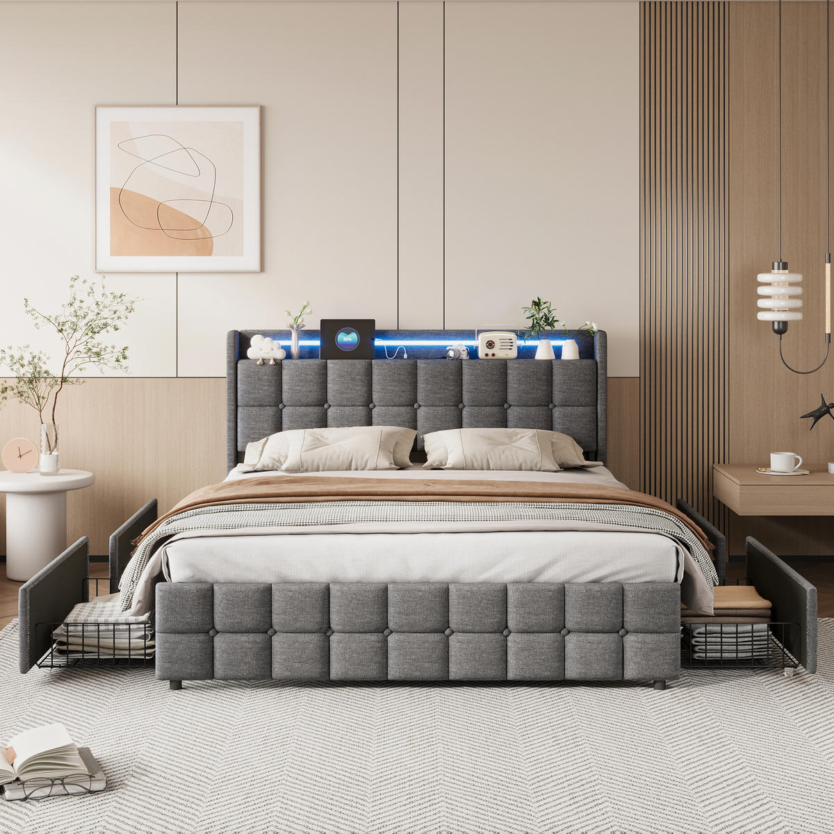 POLSTERBETT 160/200 cm mit Ladestation und 4 Schubladen, Doppelbett Grau,ohne Matratze - Naturfarben/Grau, Holz/Textil (160/200cm) - PARAFTA HOME