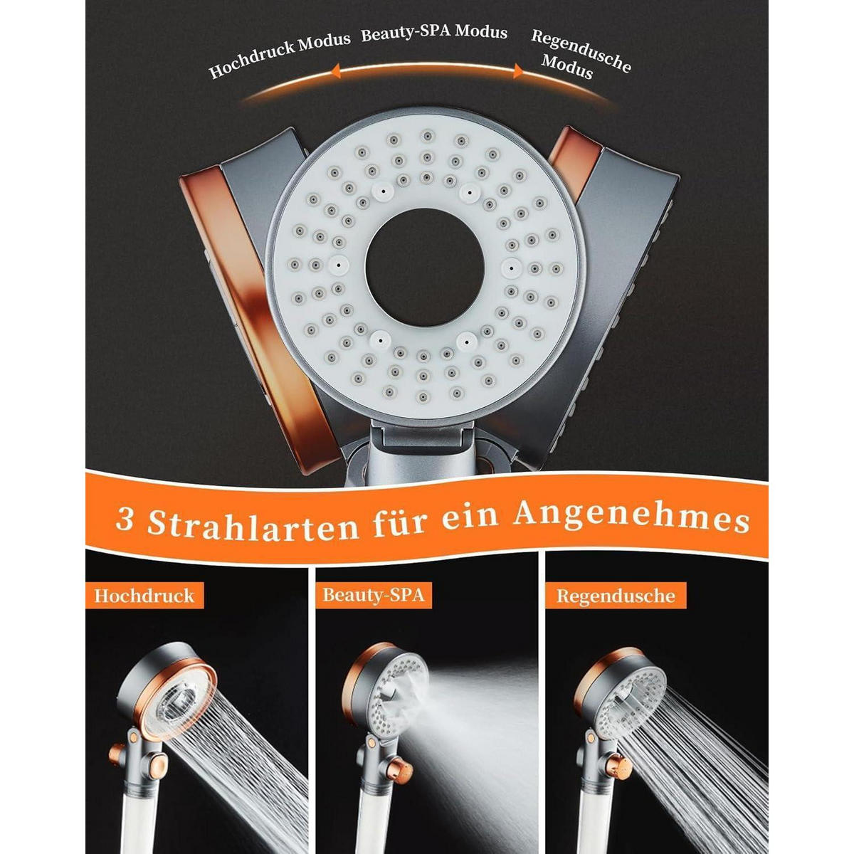 HANDBRAUSE Wassersparend mit 3 Strahlarten und Stoppfunktion - Multicolor, Kunststoff (8/12.7/26cm)