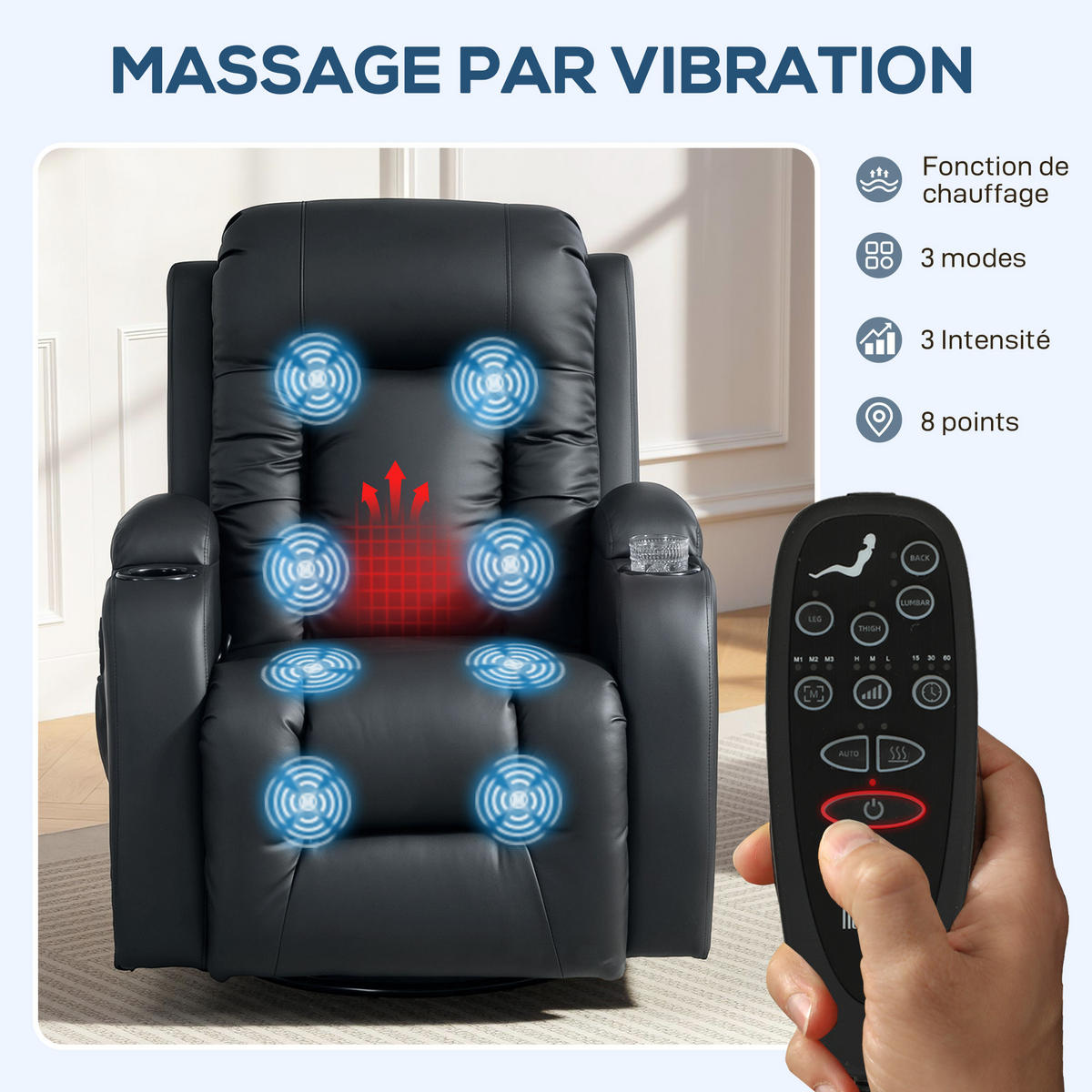 MASSAGESESSEL DE-15449 8 Massagepunkte mit Heizung und 360° Drehung Schwarz - Schwarz, Leder (82/103/99cm) - ComfortXL