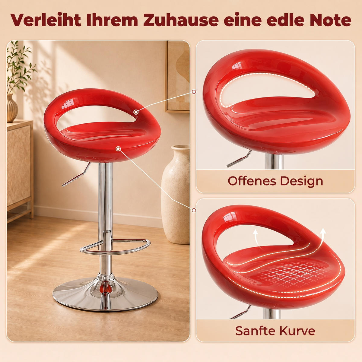 BARHOCKER 2er-Set DE-14781 höhenverstellbar mit Rückenlehne Rot - Rot, Metall (41/96/46cm) - ComfortXL