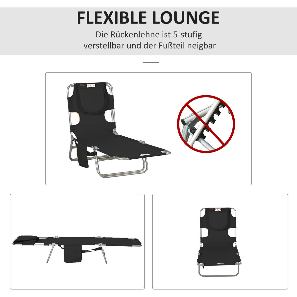 SONNENLIEGE klappbar Gartenliege mit Lesefenster, Kopfkissen, Liegestuhl Schwarz - Schwarz, Textil/Metall (55/29/185cm) - Outsunny