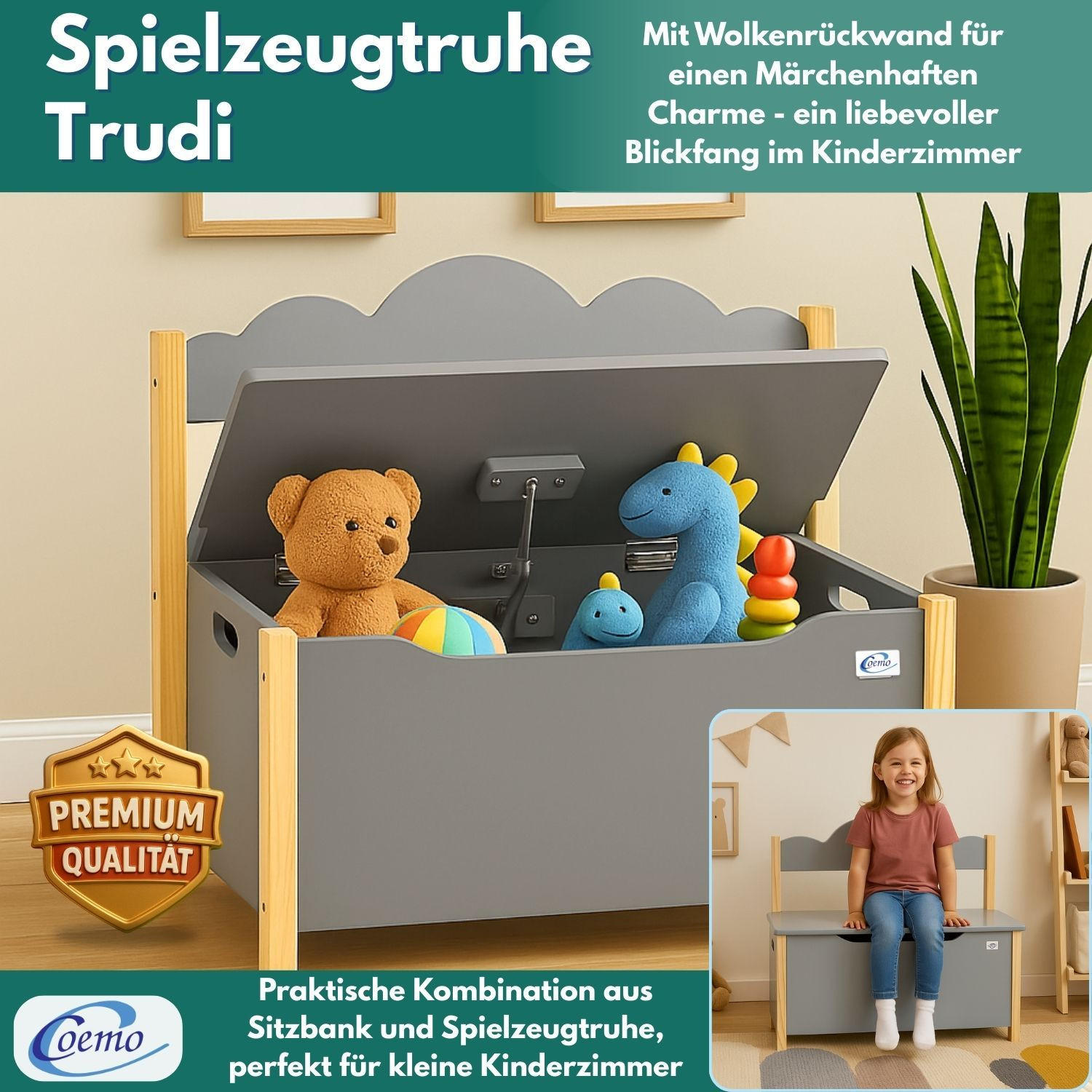 KINDERSITZBANK TRUDI Spielzeugtruhe in Grau - Grau, Holzwerkstoff (26/55/60cm) - Coemo