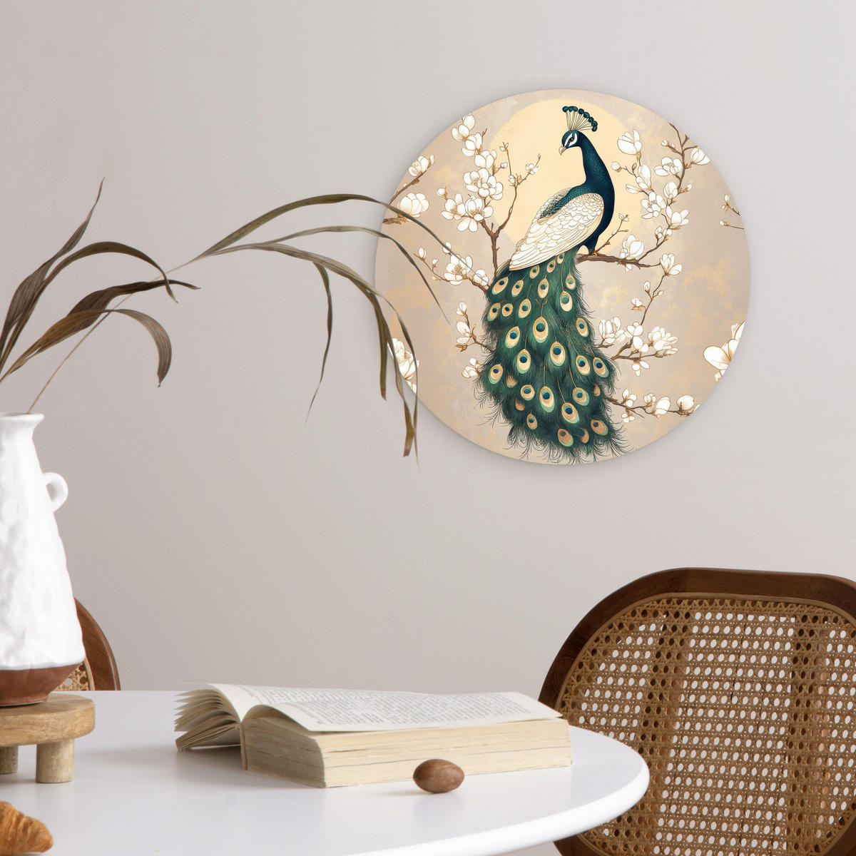 WANDBILD Pfau - Zweig - Blumen 30x30 cm - Champagner, Kunststoff (30/30cm) - MuchoWow