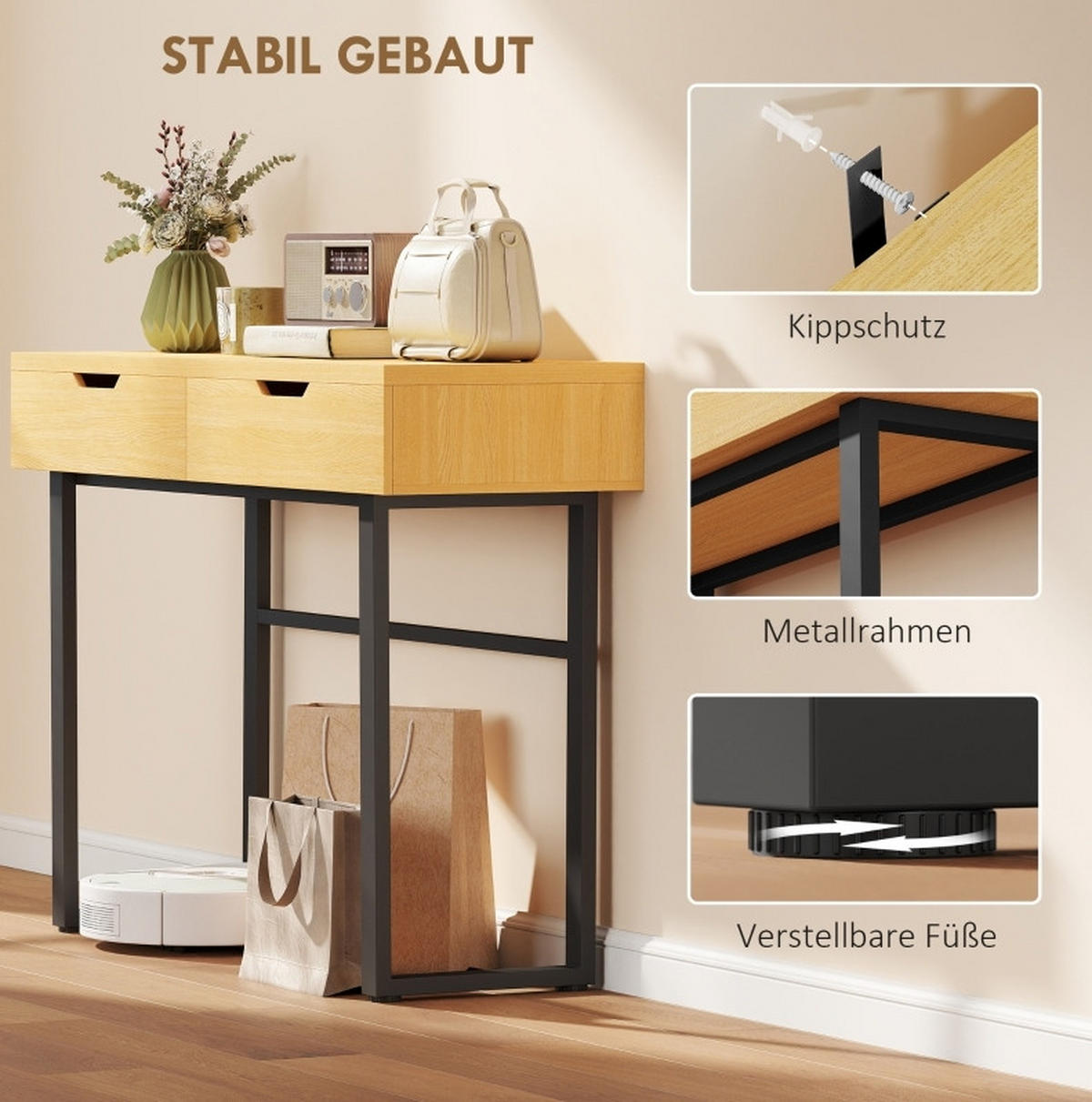 KONSOLENTISCH aus Spanplatte 110x35x76 cm und Metall in Naturholz mit 2 Schubladen - Naturfarben, Holz (35/110/76.5cm) - IVMEU
