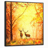 LEINWAND Bilder mit Rahmen - Natur - Ölfarbe - Hirsche - Tiere - Herbst - Orange - 90x90 - Orange, Textil (90/90cm) - MuchoWow