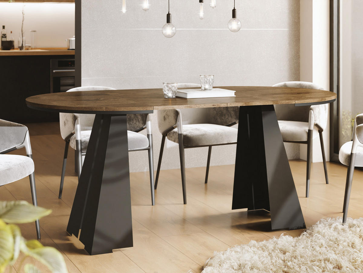 ESSTISCH Kova runder ausziehbarer, Lefkas Eiche 120-200/120/76 cm - Alteiche/Schwarz, Holzwerkstoff/Metall (120/120/76cm) - WFL GROUP