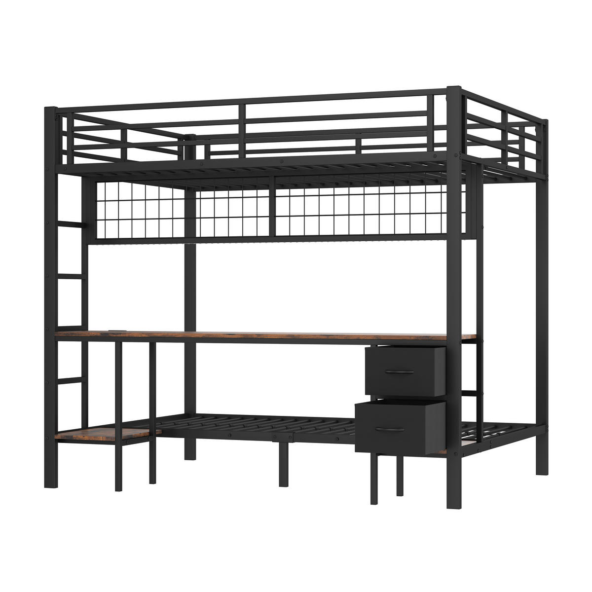 HOCHBETT 140/200 cm Schwarz aus Metall mit Schreibtisch Stauraum und LED-Beleuchtung - Schwarz, Metall (140/200cm) - OKWISH