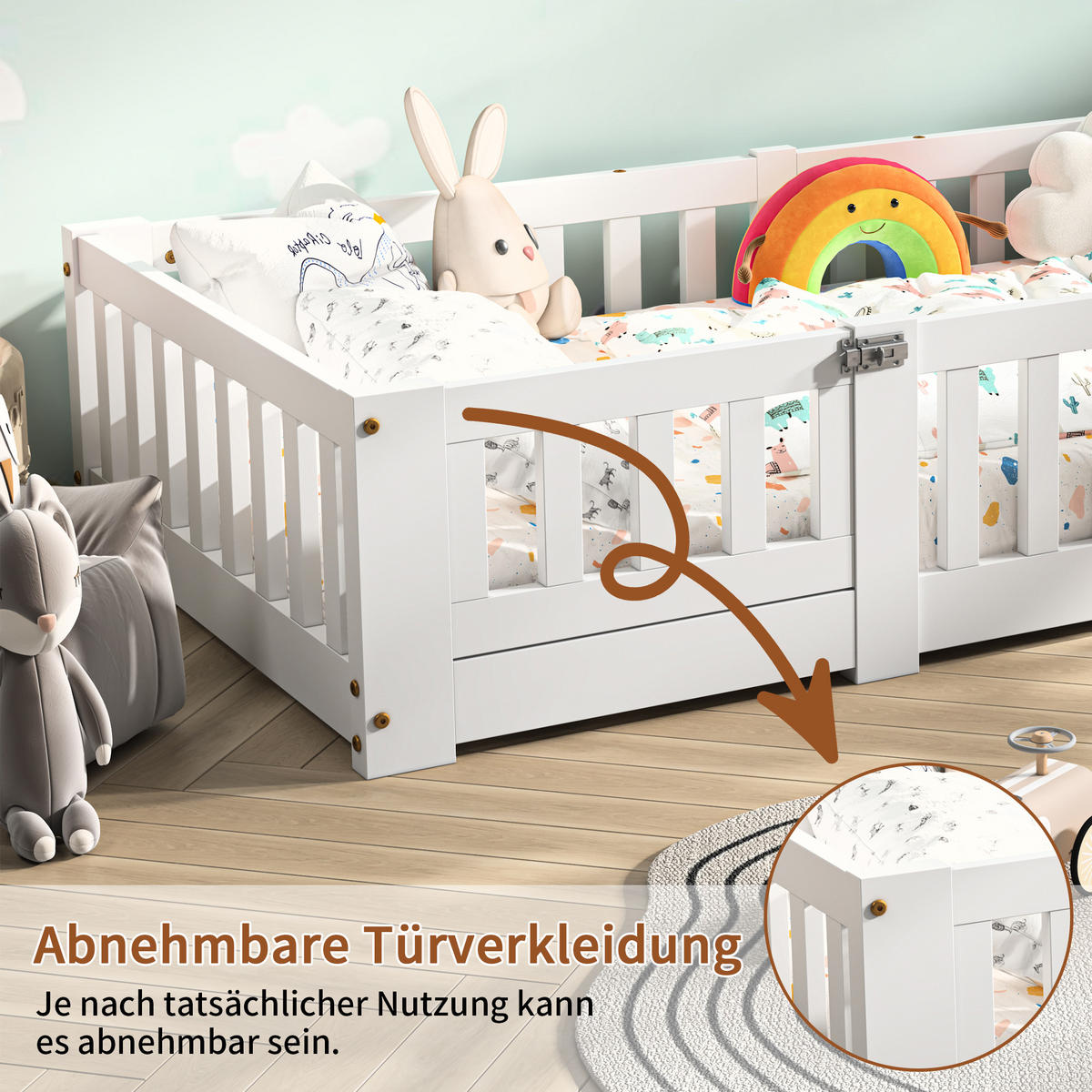 KINDERBETT 90x190 Bodenbett mit Rausfallschutz, Montessori Bett aus Massivholz - Weiß, Holz/Metall (80/160cm) - PARAFTA HOME