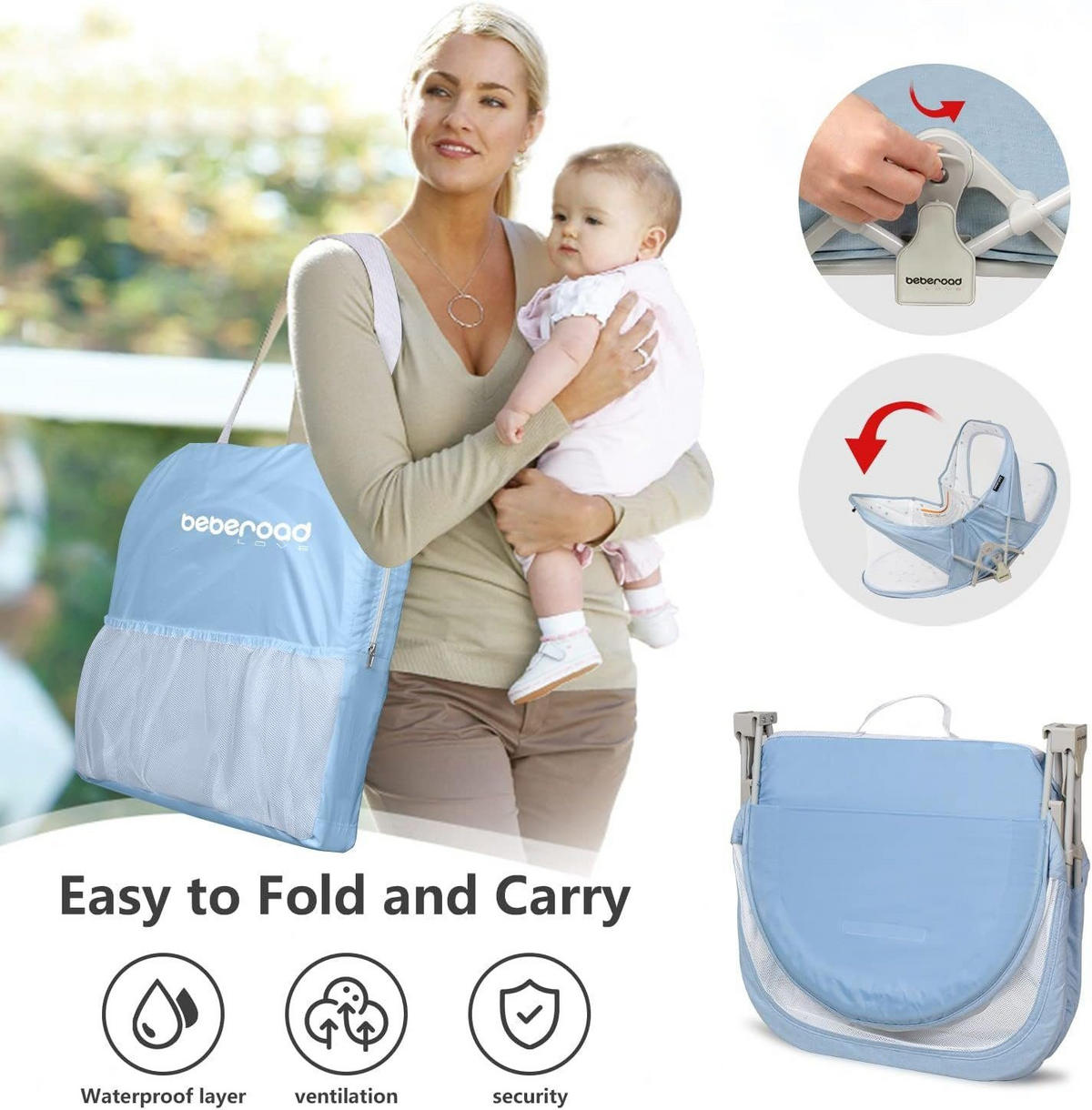 REISEBETT Stubenwagen Blau 82x44x30cm - Blau, Naturmaterialien - Beberoad