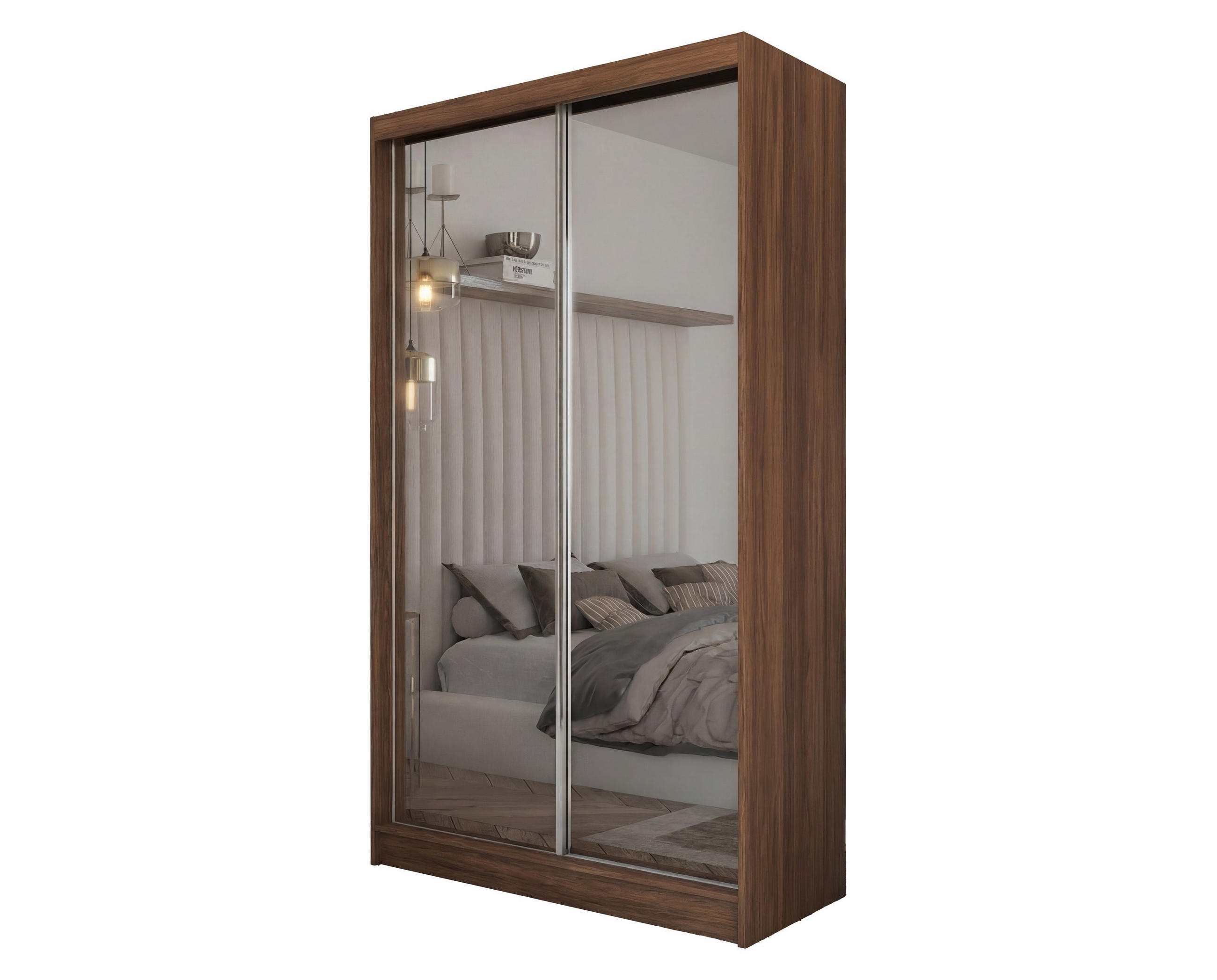 SCHWEBETÜRENSCHRANK BELLINA 120/216/61 cm Modern Kleiderschrank 2-türig mit Spiegel Nussbaumfarben - Nussbaumfarben, Holzwerkstoff (120/216/61cm) - MASSENO