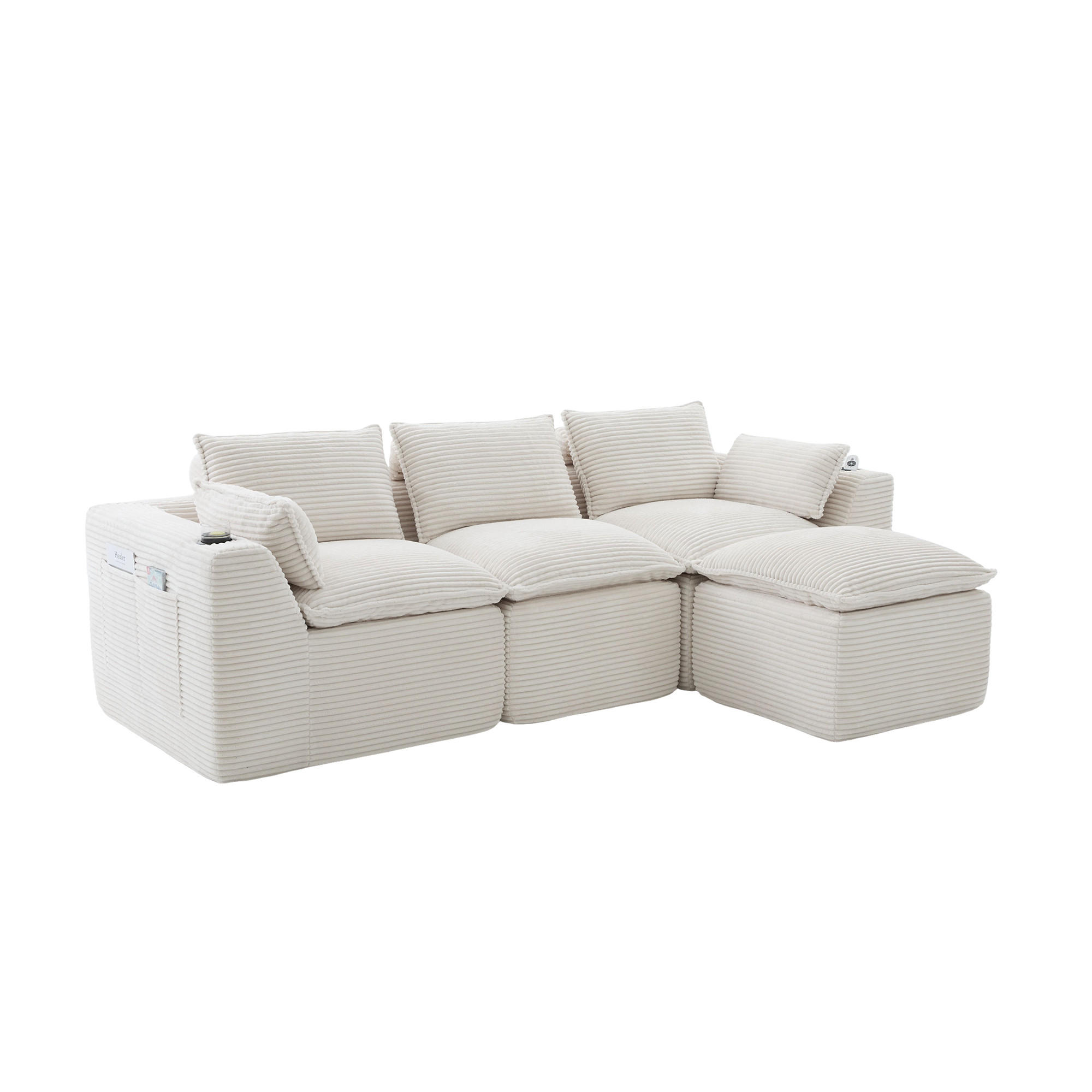 ECKSOFA mit Fußhocker, Getränkehalter und Federkern aus Cord - Beige, Textil (256/161cm) - EVRYAE