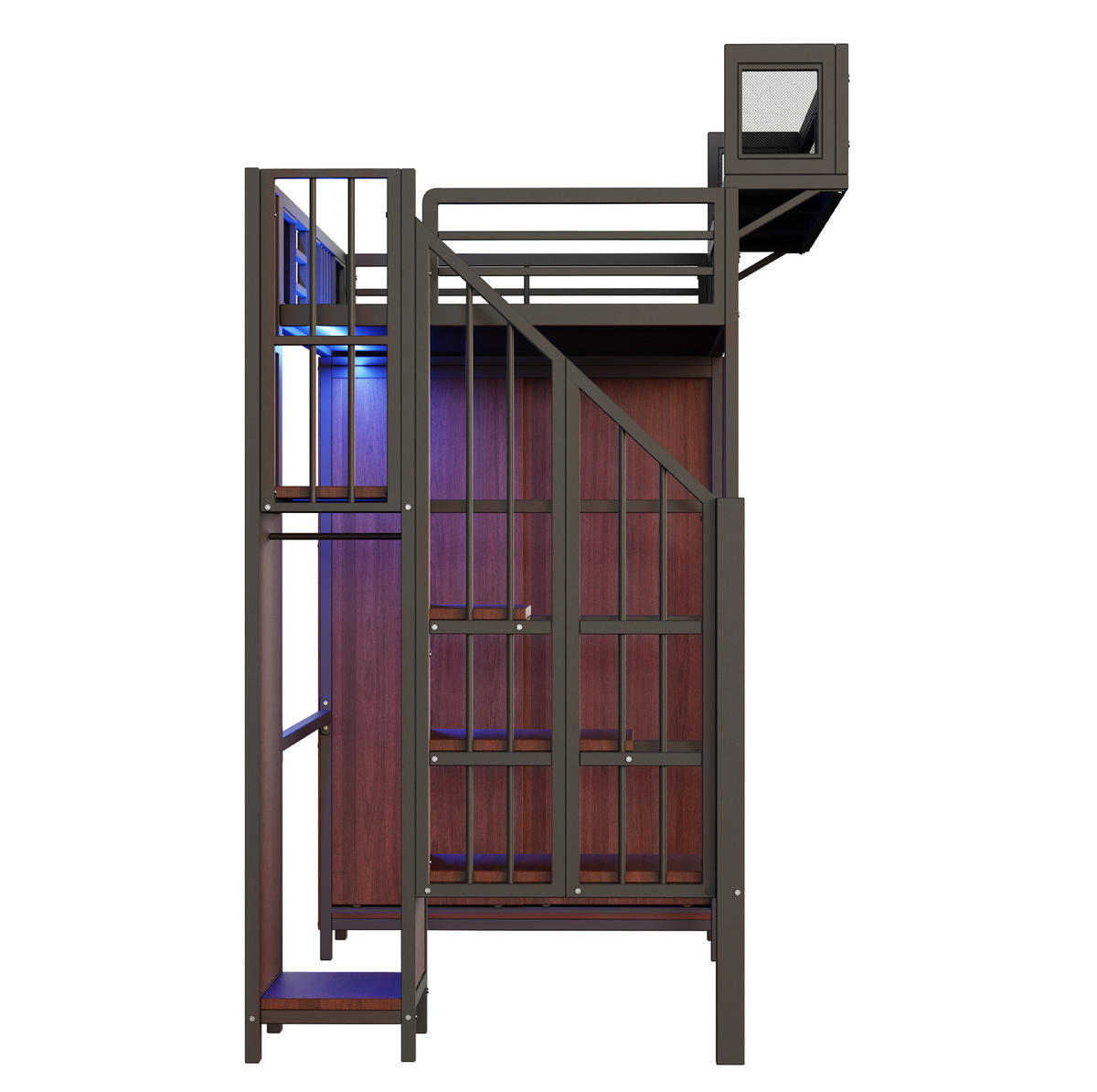 HOCHBETT 90/200 cm in Schwarz – mit Kleiderschrank, Stauraumleiter und LED - Schwarz, Metall (90/200cm) - BEAOK