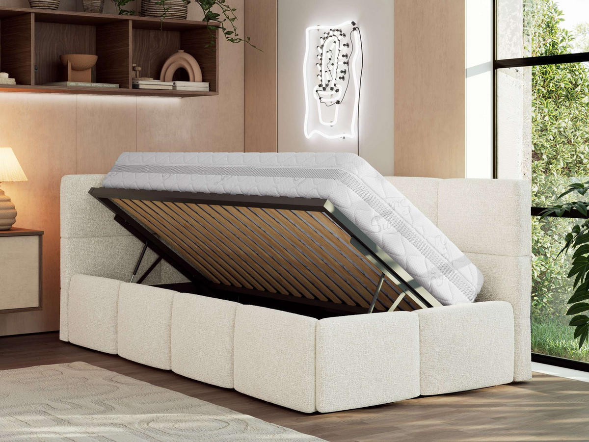 JUGENDBETT ARVO 90/200 - Creme Strukture - Multipocket-Matratze - Links Seite - Creme, Textil (90/200cm) - MKS