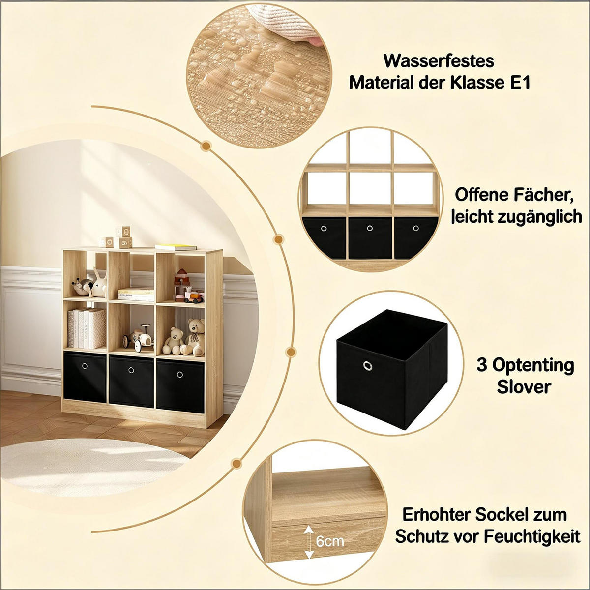 BÜCHERREGAL Schwarz/Eiche hell mit 3 Stoffschubladen 80/30/86.5 cm - Schwarz, Holzwerkstoff (80/86.5/30cm) - PANGIVO