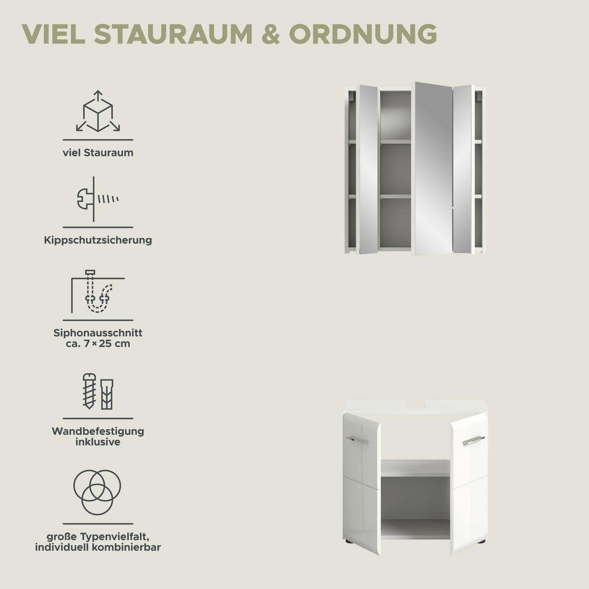 BADKOMBINATION Ice 60x185x30 cm weiß Hochglanz MDF 2tlg. - Weiß, Holz (60/185/30cm)