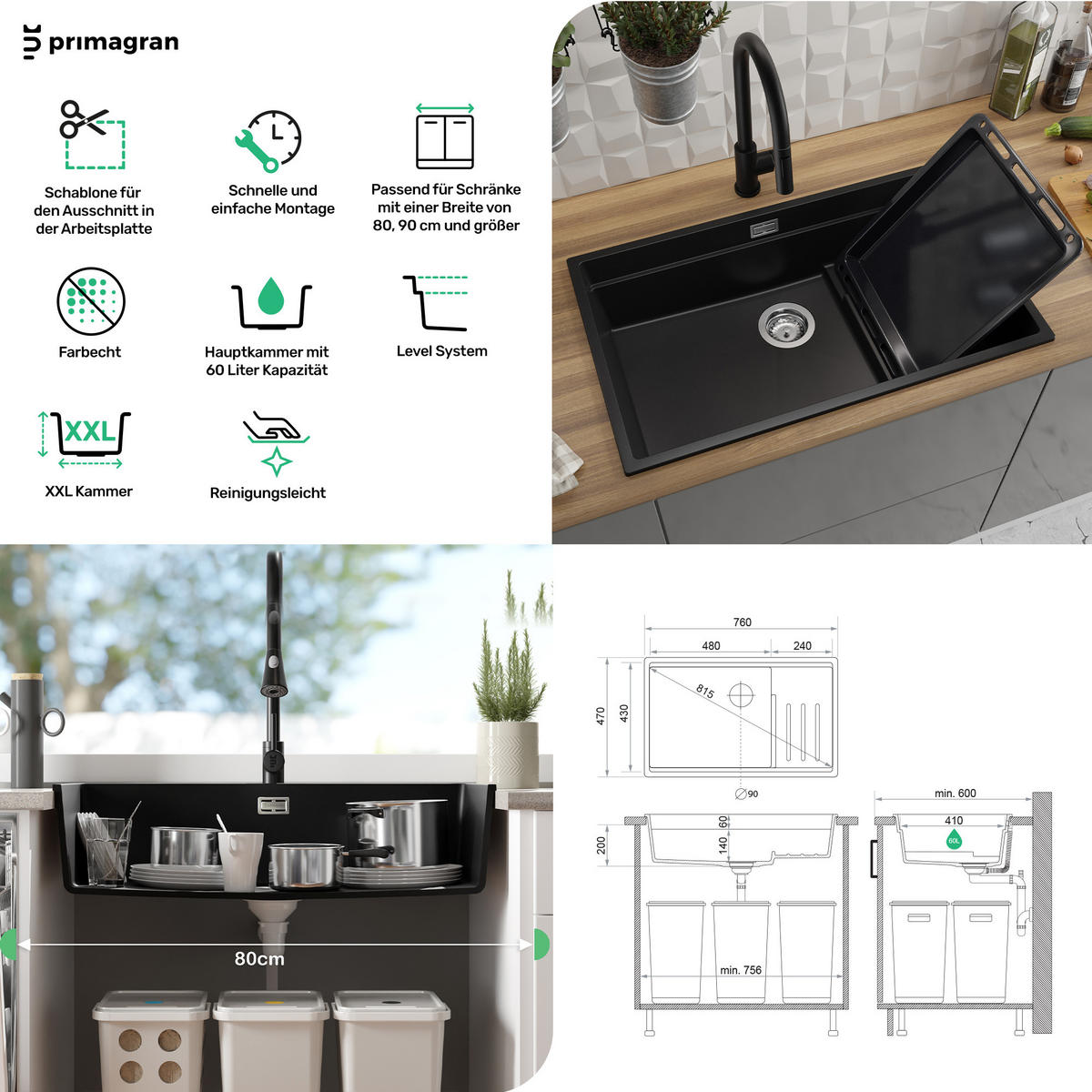 SPÜLBECKEN Praga Slim, 2-er set Anthrazit 76/47 cm 1 Becken + Ablauf-Set + Aufrollbare Abtropffläche ab 80er Unterschrank - Chromfarben/Anthrazit, Kunststoff (76/20/47cm) - Primagran