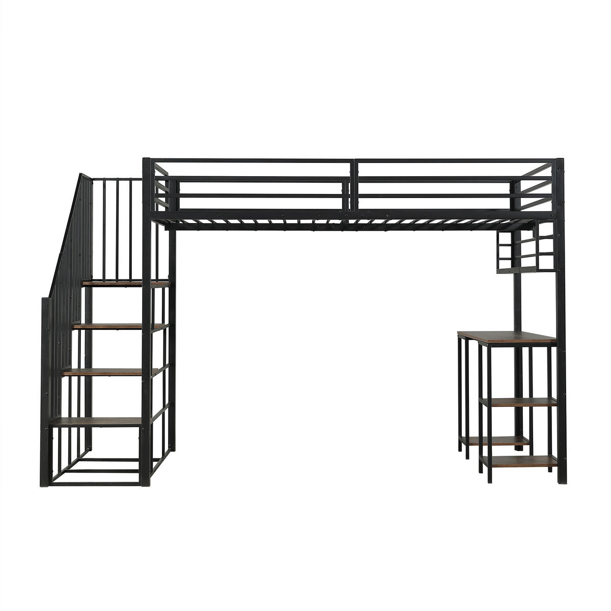 HOCHBETT 120/200 cm DE-02358, in Schwarz, mit Treppe, Schreibtisch und Aufbewahrungsregal - Walnussfarben/Schwarz, Holzwerkstoff/Metall (120/200cm) - ComfortXL