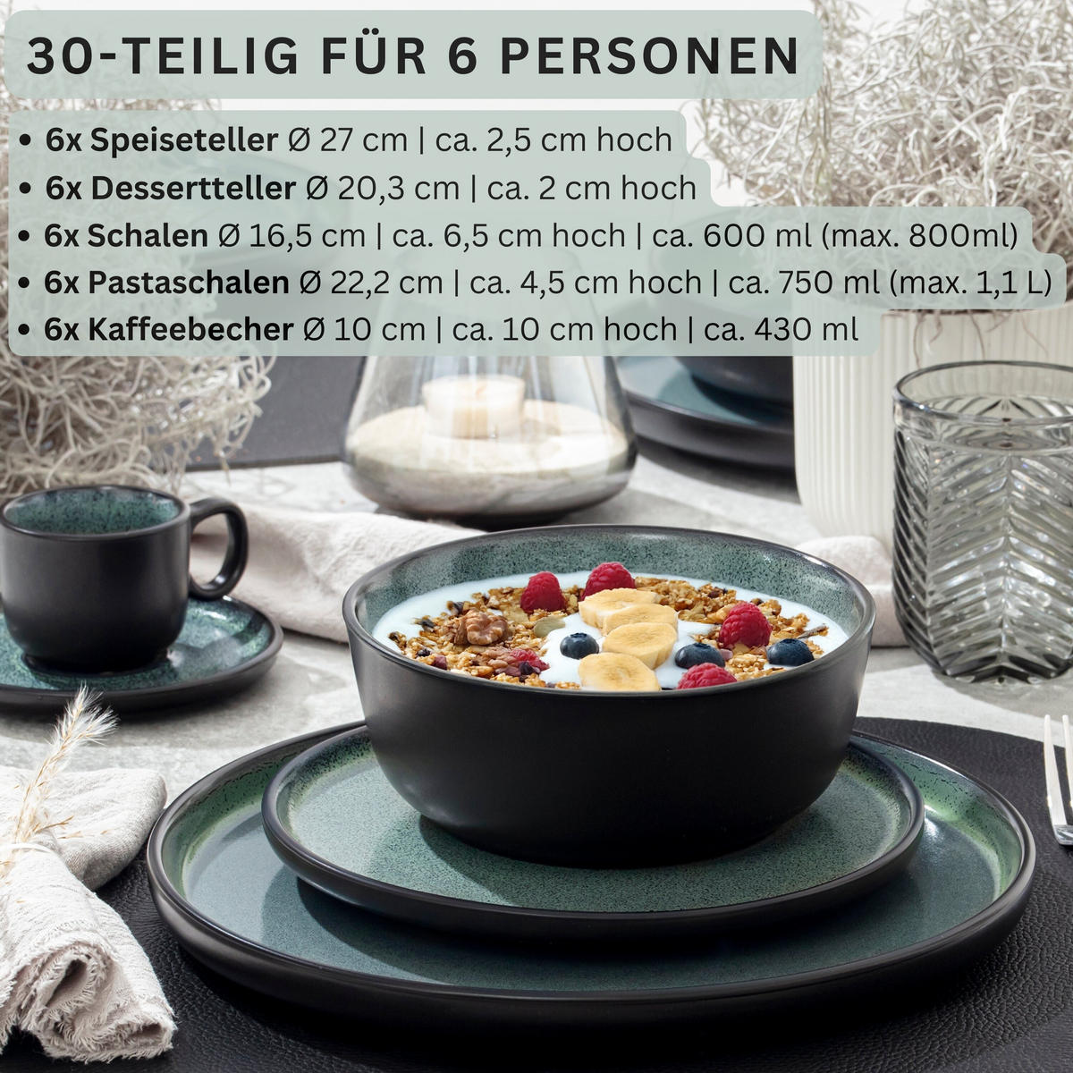 KOMBISERVICE MALMÖ - 30 teilig aus Steingut - Grün, Stein (26.5/10/26.5cm) - Sänger