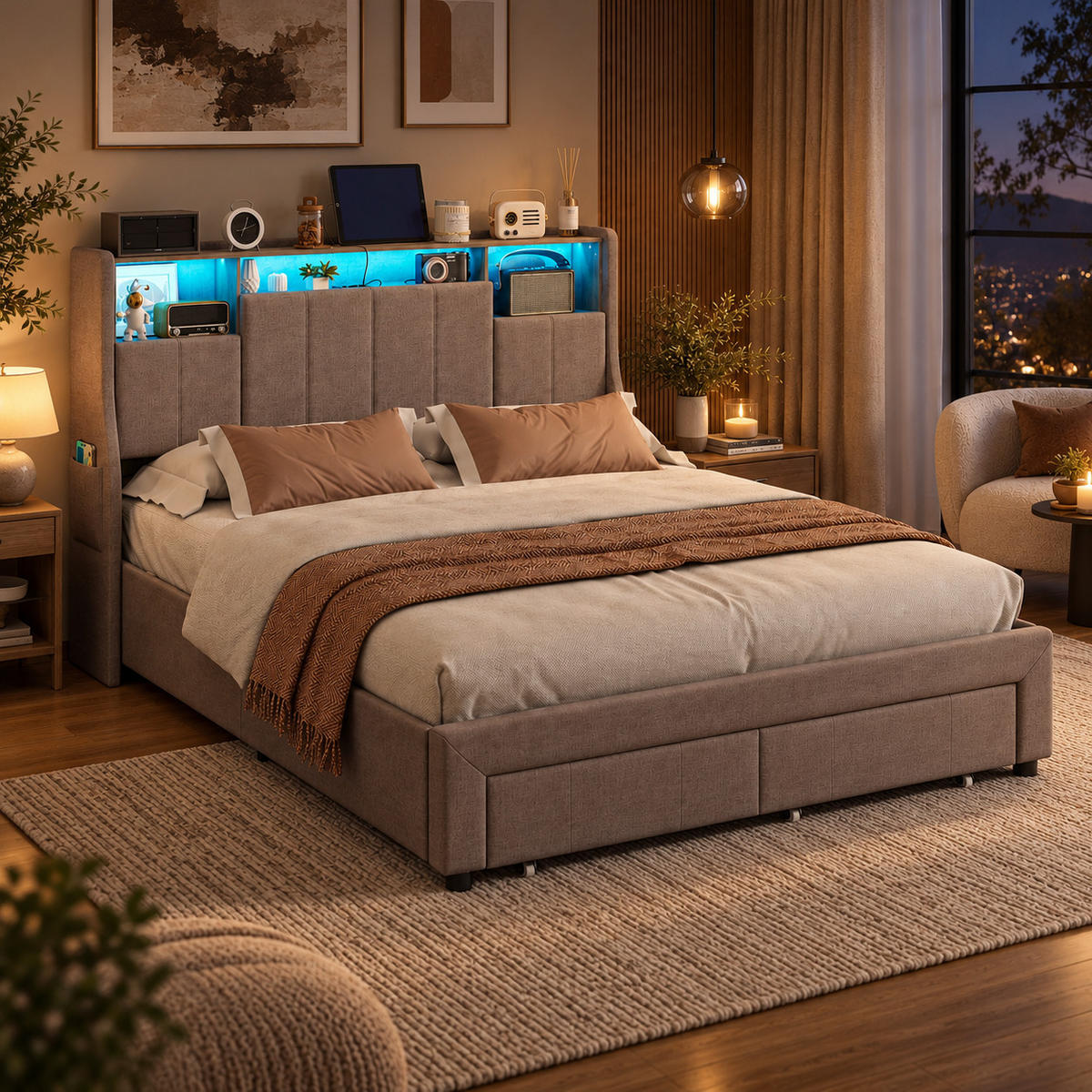 POLSTERBETT 160/200 cm mit zwei rollengeführten Schubladen am Fußende, großem Ablagekopfteil mit blauem LED-Licht & USB-Anschluss, Leinenoptik-Bezug - Grau, Holz/Metall (160/200cm) - Joyfair