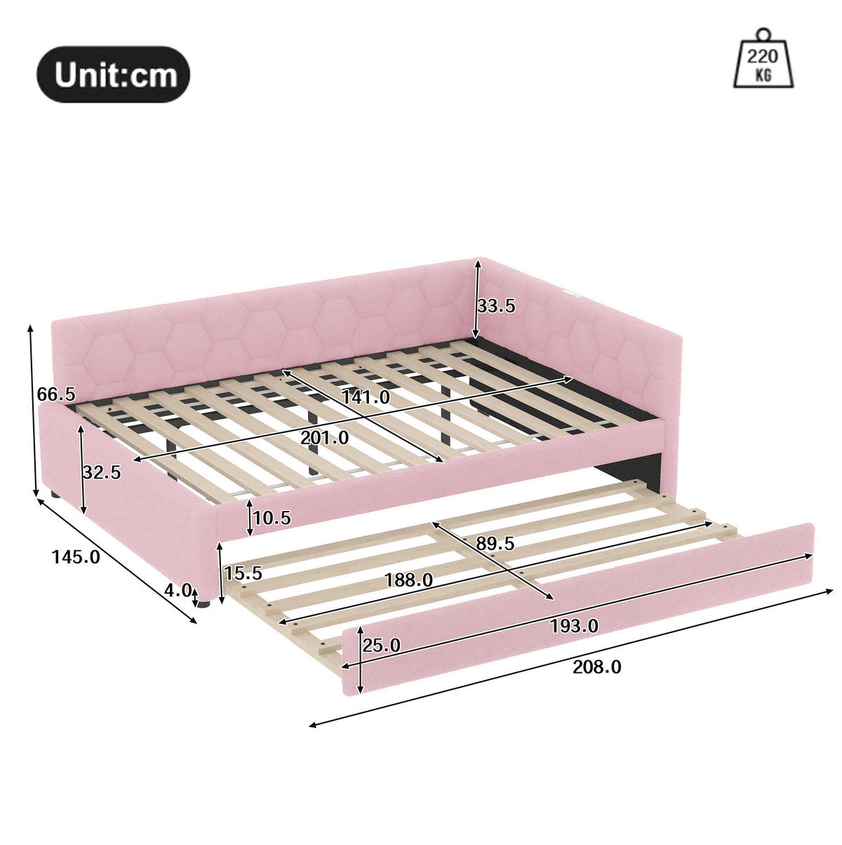 BETT 140/200 cm in Rosa – mit Ausziehbett, USB/Typ-C und inkl. Lattenrost - Rosa, Textil (140/200cm) - BEAOK