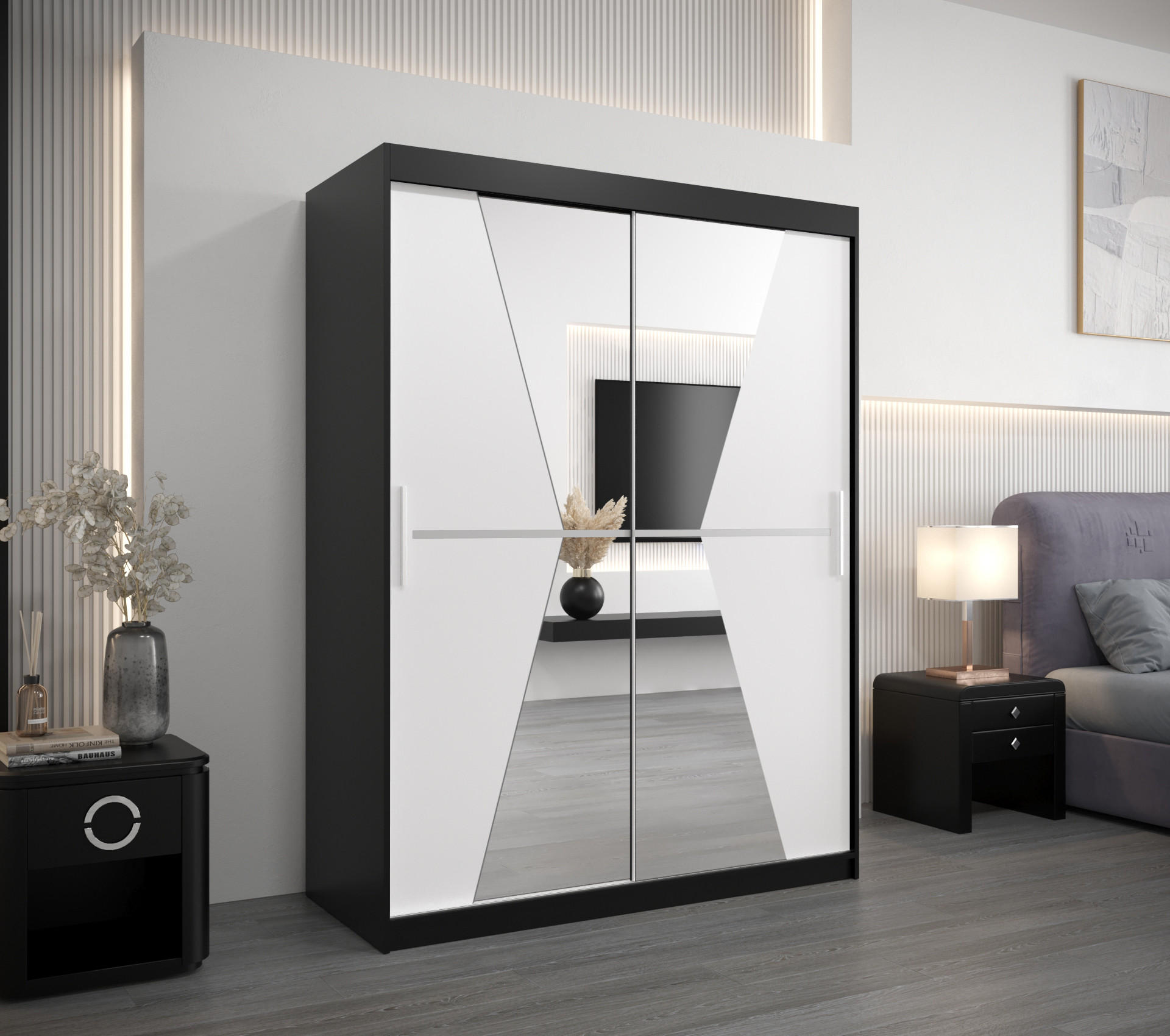 SCHWEBETÜRENSCHRANK 200/150/62 2-türig - Silberfarben/Schwarz, Holz/Kunststoff (150/200/62cm) - Abiks Möbel