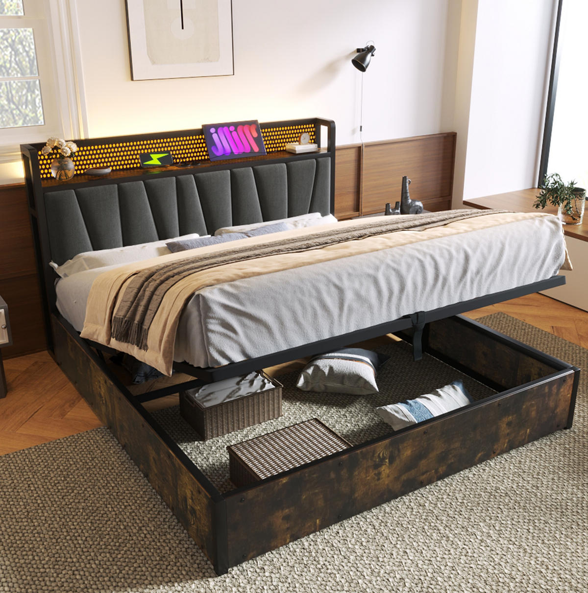 POLSTERBETT 140/200 cm mit Bettkasten, RGBW LED-Kopfteil & USB/Steckdosen, grau - Grau, Textil (140/200cm) - Redom