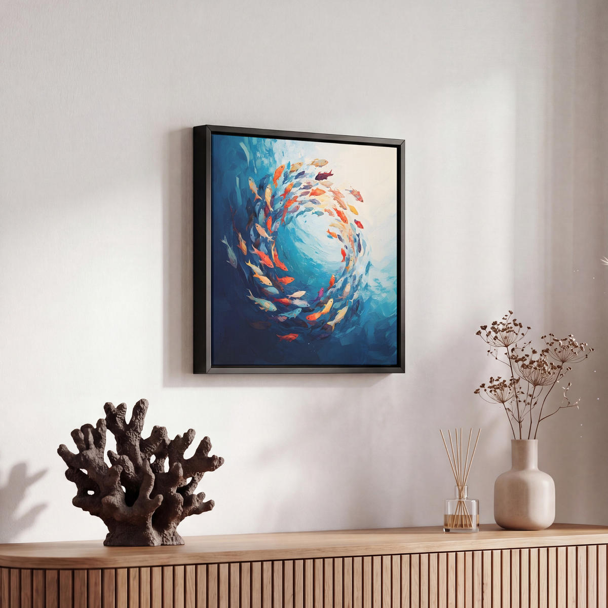LEINWAND Bilder mit Rahmen - Meer - Fische - Bunt - Dynamisch - 20x20 - Hellblau, Textil (20/20cm) - MuchoWow