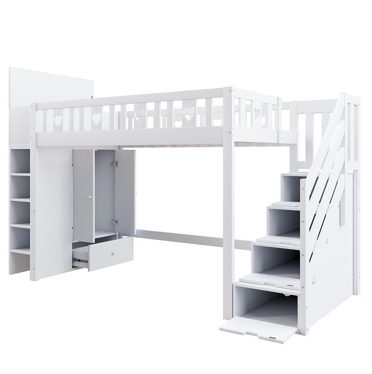 VYSOKÁ postel 90/200 cm bílá s úložným žebříkem a policemi z borového dřeva a MDF - bílá, kompozitní dřevo (90/200cm) - OKWISH