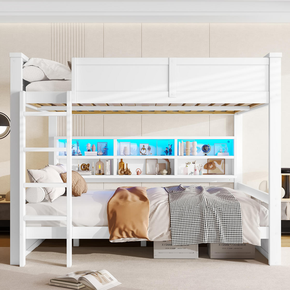ETAGENBETT 160/200 cm in Weiß mit 6 Schränken und LED - Weiß, Holzwerkstoff (160/200cm) - STILVORA