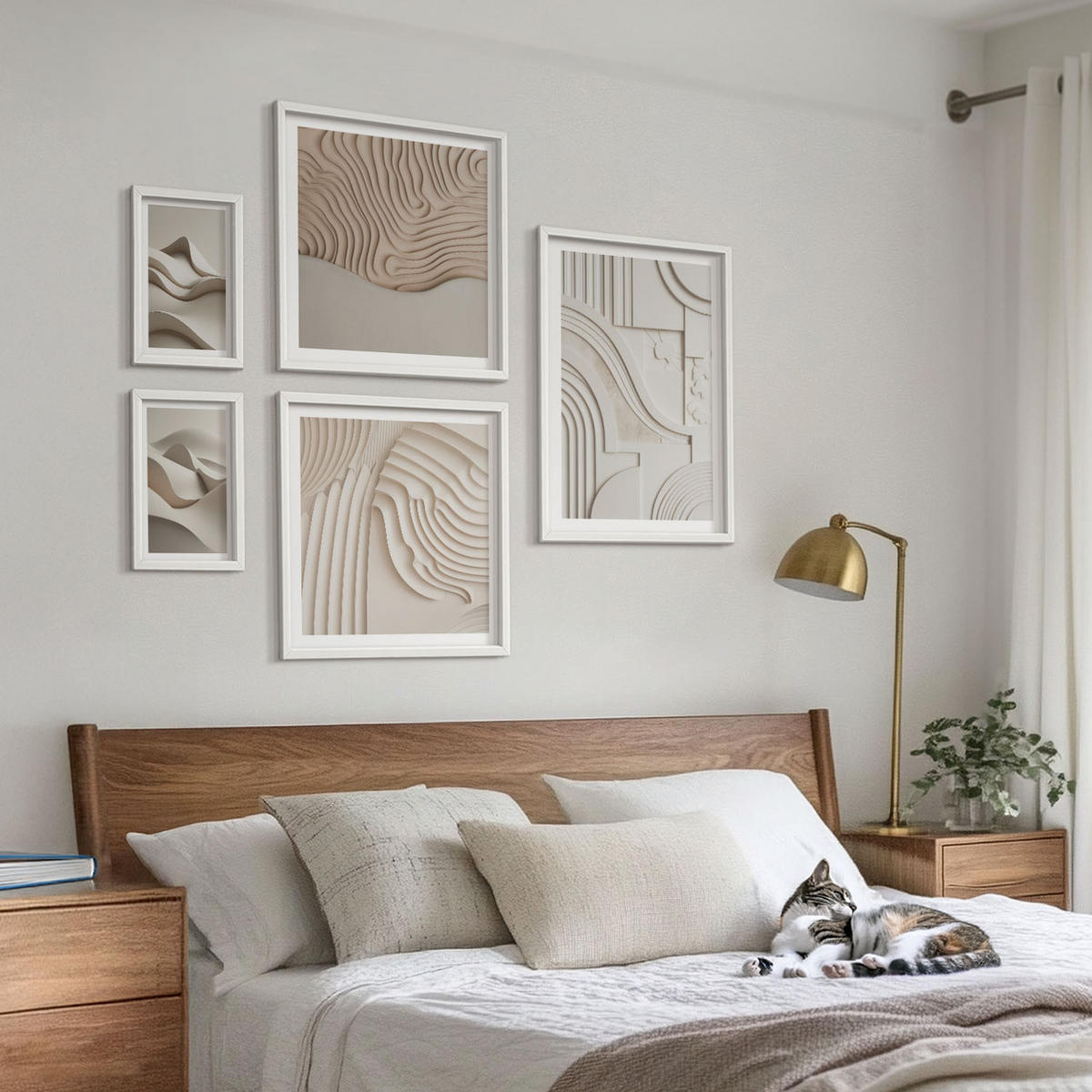 BILDER SET 5er Set - 50x50 cm & 20x30 cm & 40x60 cm Weißer Rahmen - Abstrakte beige Wellen - Weiß, Kunststoff (40/60cm) - TULUP