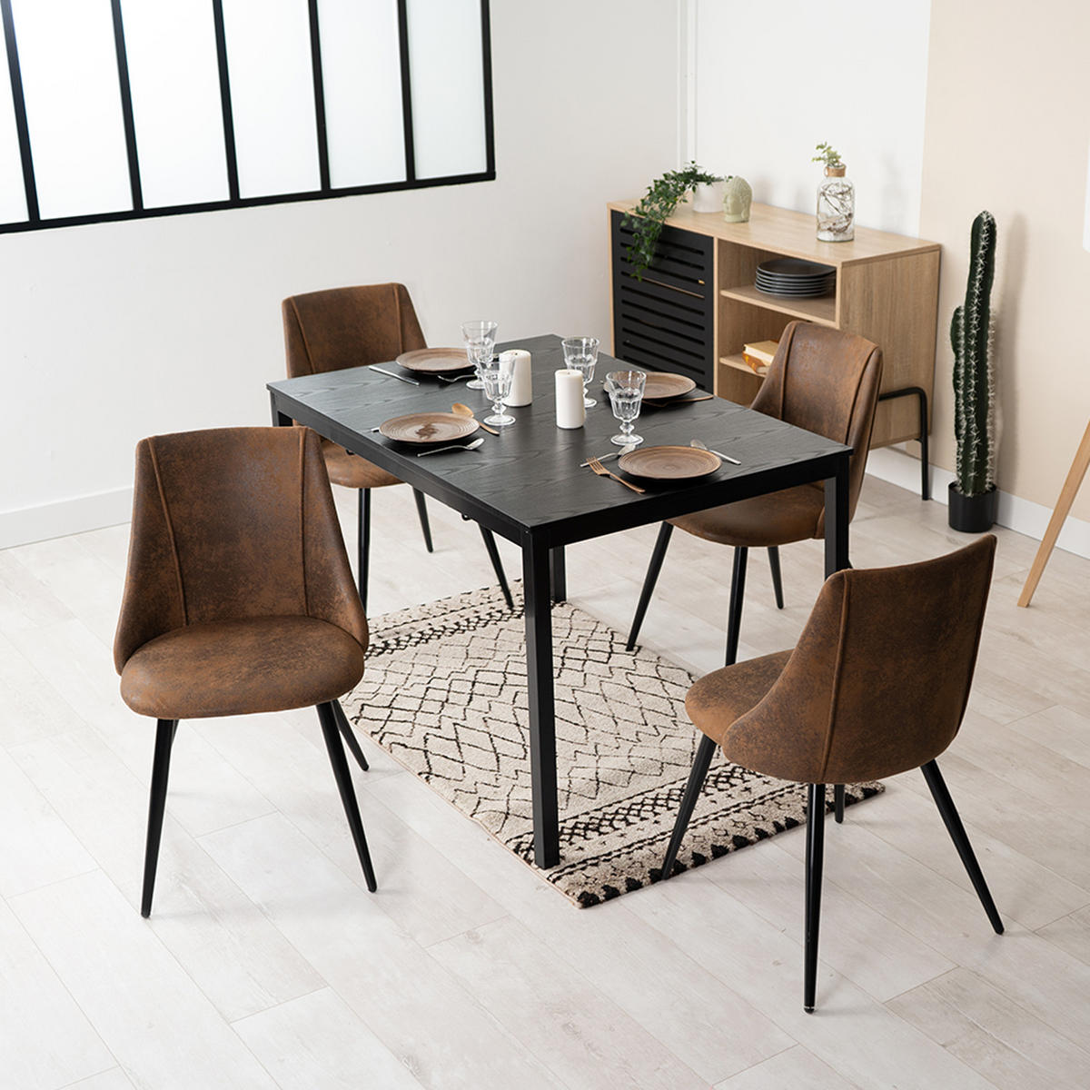 ESSGRUPPE mit ausziehbarem Tisch und 4 Stühlen in Wildlederoptik, Braun - Multicolor/Schwarz, Metall (40/86/39cm) - Meubles Cosy