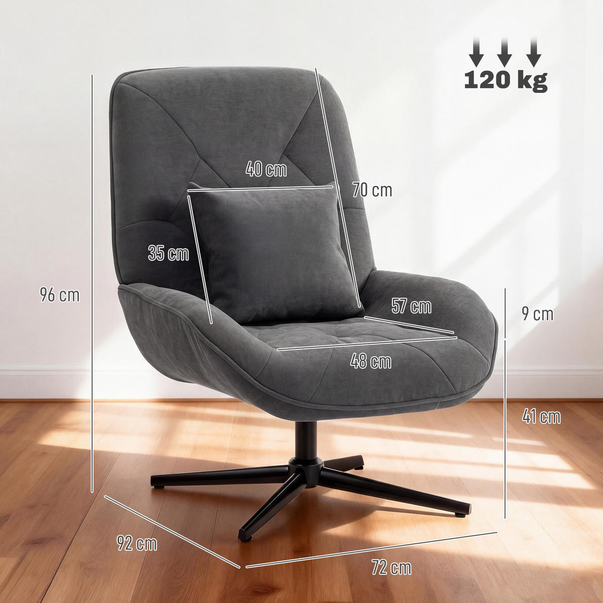 SESSEL DE-06912 drehbar mit Chenille und hoher Rückenlehne Dunkelgrau - Dunkelgrau, Metall (72/96/92cm) - ComfortXL