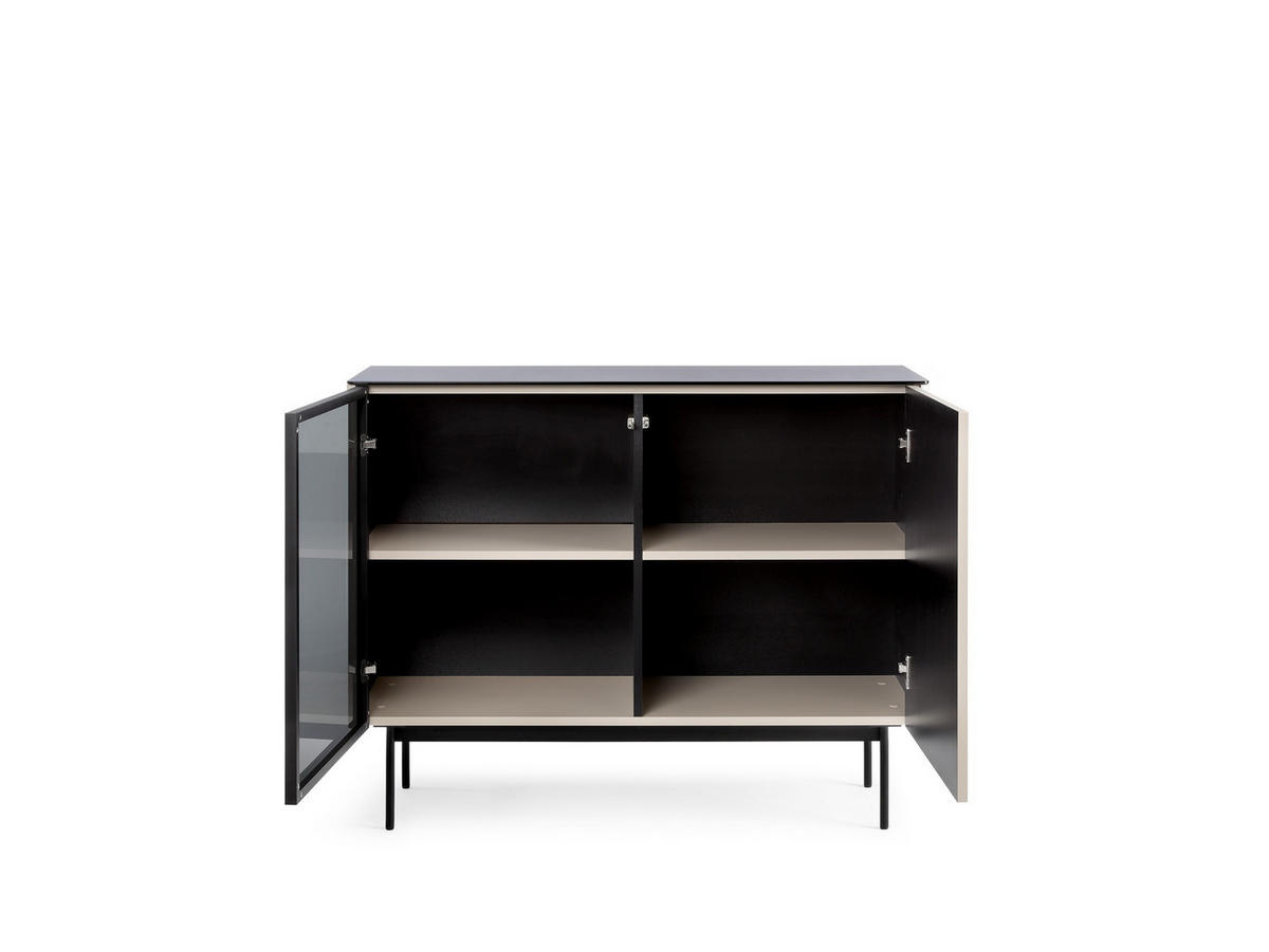 KOMMODE Rita Kaschmir, zweitürige, verglaste Kommode mit LED beleuchtung - Kaschmir/Schwarz, Holzwerkstoff (107/84/39cm) - Bettso