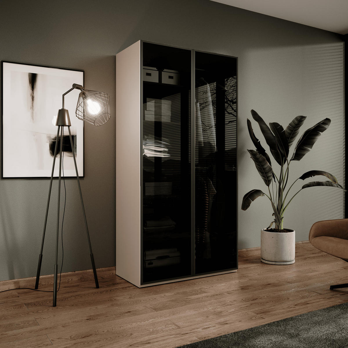 KLEIDERSCHRANK ZEN (Modular, Beige Matt, Getöntes Glas Antisol, 2-türig) - Beige/Schwarz, Holz/Holzwerkstoff (101/200/51cm) - Ravio