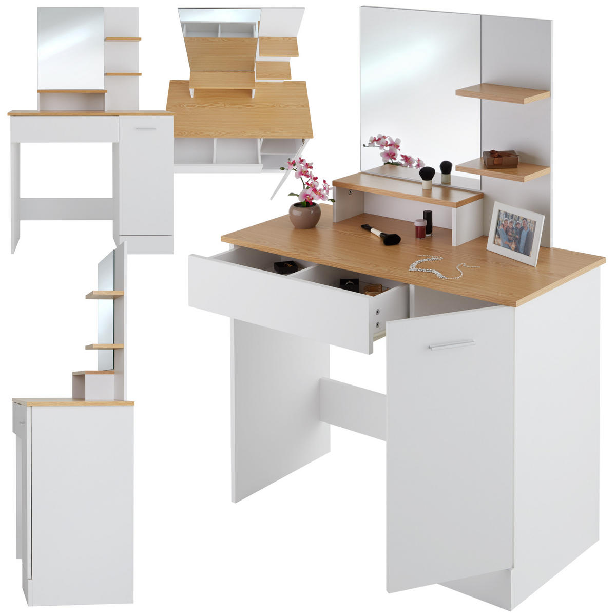 SCHMINKTISCH Zoe,90 x 40 x 137,5 cm,weiß/buche - Weiß/Honig, Holzwerkstoff (40/138.5/90cm) - tectake