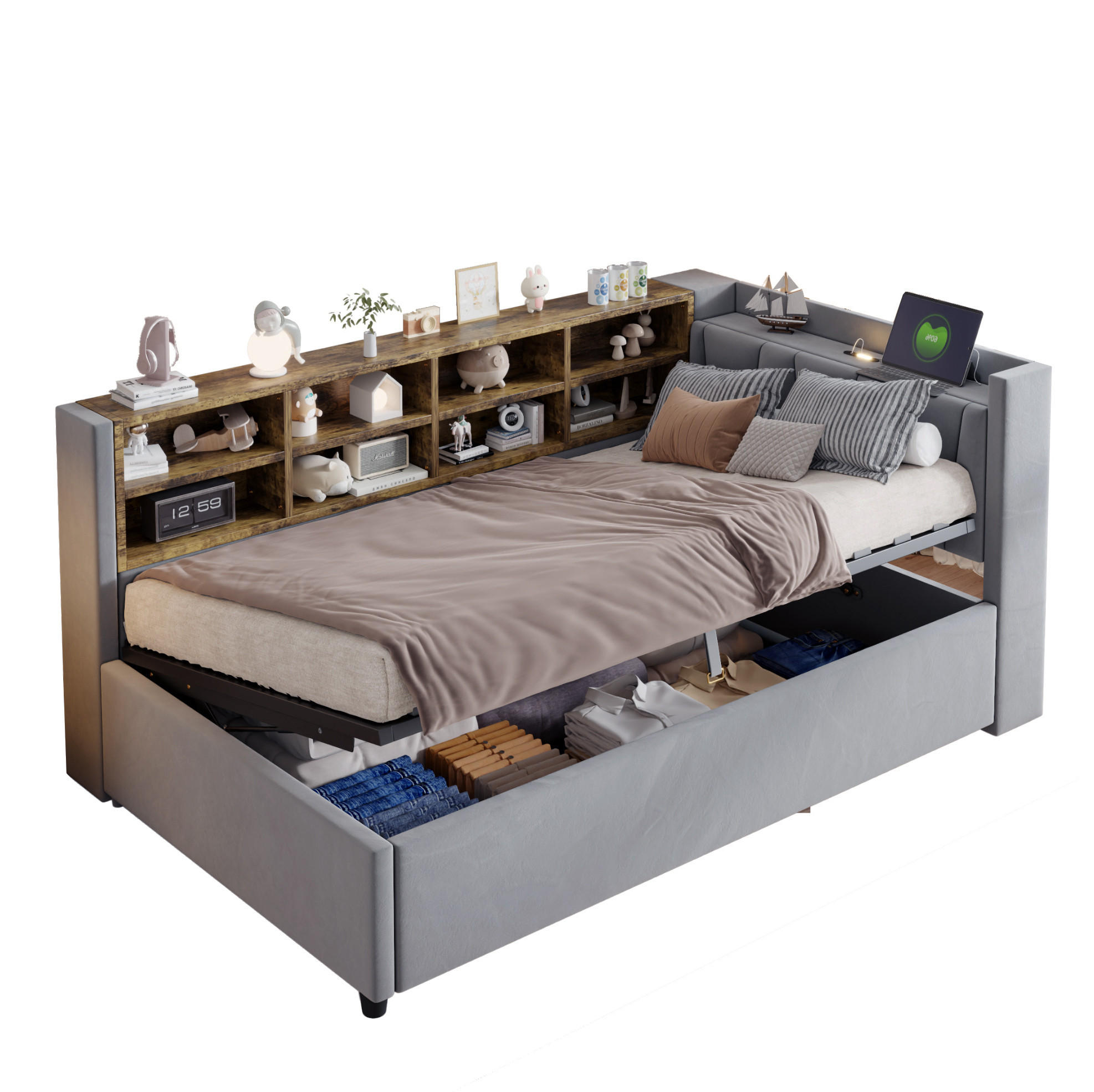 POLSTERBETT 90/200 cm Hellgrau mit Stauraum mit LED-Beleuchtung aus Samt - Hellgrau, Textil (90/200cm) - OKWISH