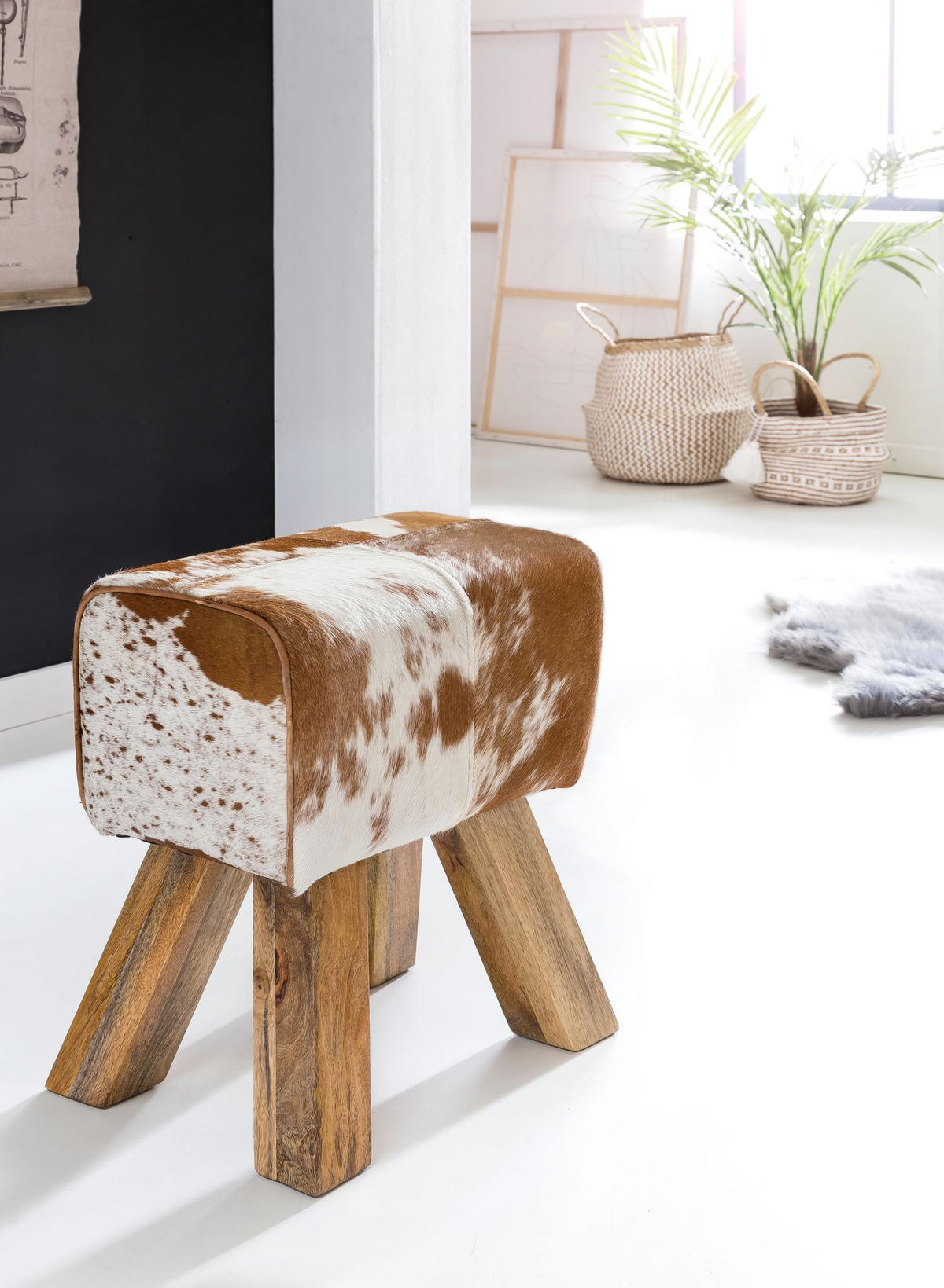 SITZHOCKER Retro Landhaus Holzbeine, Beige-Braun 40x30x47 cm - Beige/Braun, Mangoholz/Leder (40/47/30cm) - KADIMA DESIGN
