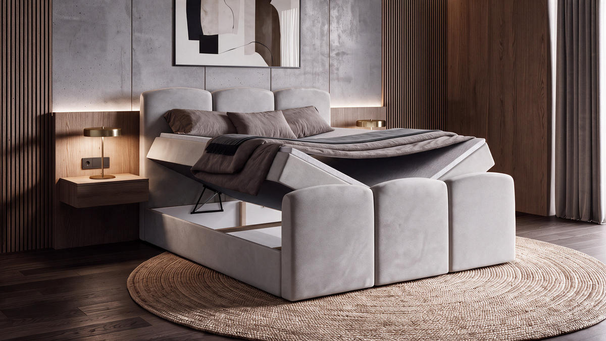 BOXBETT SAVIO 180x200 cm mit Bettkasten, Bonell-Matratze H3 und Topper – Samt Platinfarben - Platinfarben, Textil (180/200cm) - Luxkor24