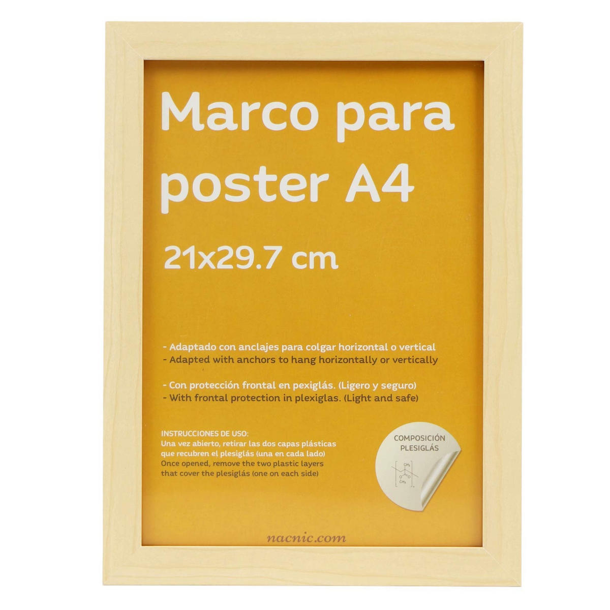 RAHMEN aus MDF und Acrylglas Schutz und Aussteller für Fotografien, Bilder, Poster, Gemälde, Dekoration für Haus Farbe Hellholz A4 - Beige, Holz (21/3/29.7cm) - Nacnic