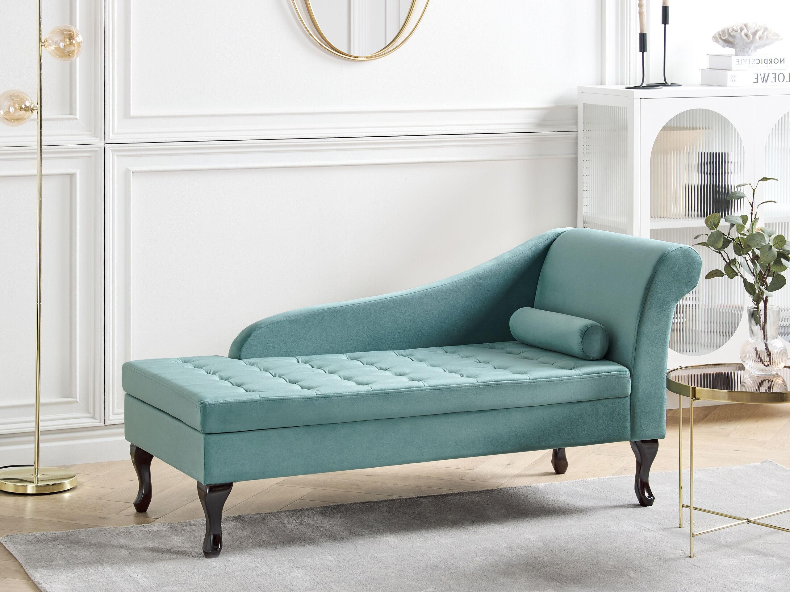 CHAISELONGUE Samtstoff blaugrün mit Bettkasten rechtsseitig Pessac - Blau/Schwarz, Textil (145/71/62cm) - Beliani