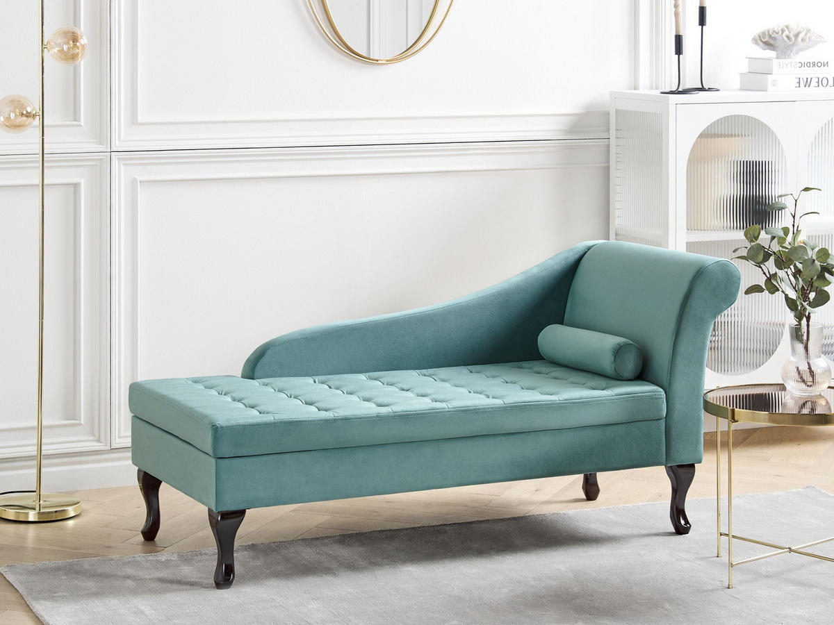 CHAISELONGUE Samtstoff blaugrün mit Bettkasten rechtsseitig Pessac - Blau/Schwarz, Textil (145/71/62cm) - Beliani