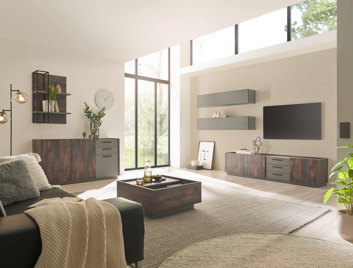 LOWBOARD M18 Thermo Oak & Anthrazit 200/50/45 cm mittel - Graubraun, Holzwerkstoff (200/50/45cm) - Livojo