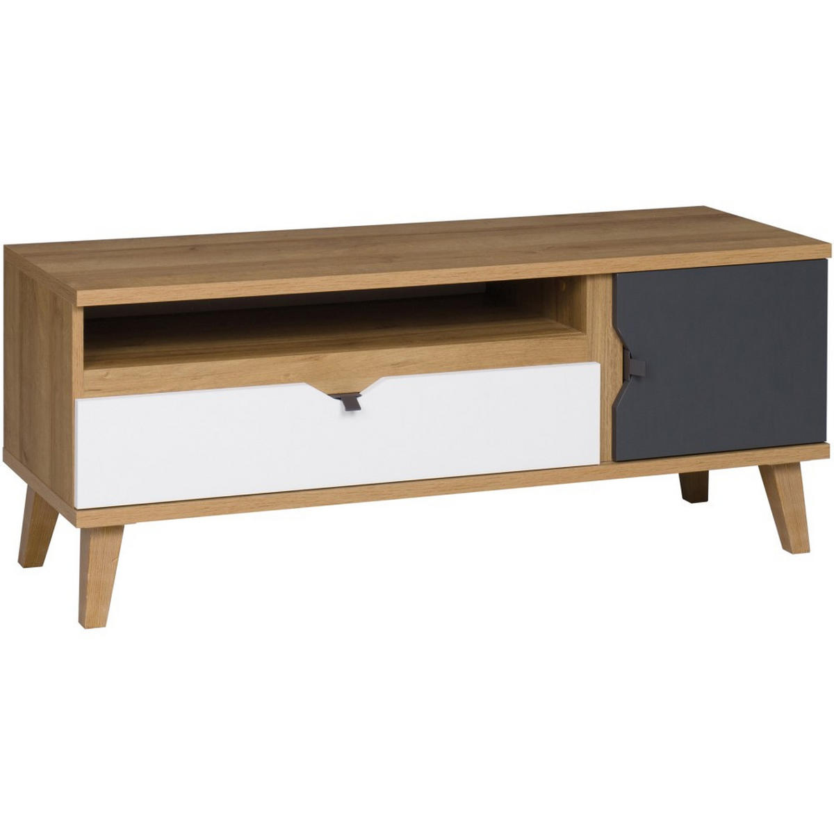 LOWBOARD Moreno mit 1 Tür und 1 Schublade, Eiche gold/mattweiß/graphit - Eichefarben/Graphitfarben, Holzwerkstoff/Kunststoff (120/48/40cm) - Beautysofa