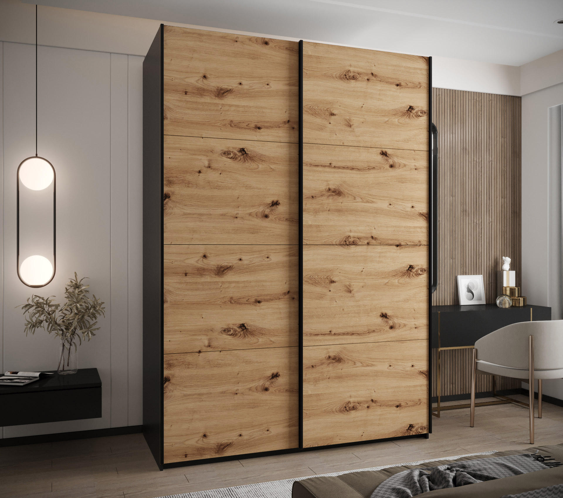 SCHWEBETÜRENSCHRANK 245,5/180/64 2-türig - Schwarz/Eiche Artisan, Holz/Metall (180/245/64cm) - Abiks Möbel