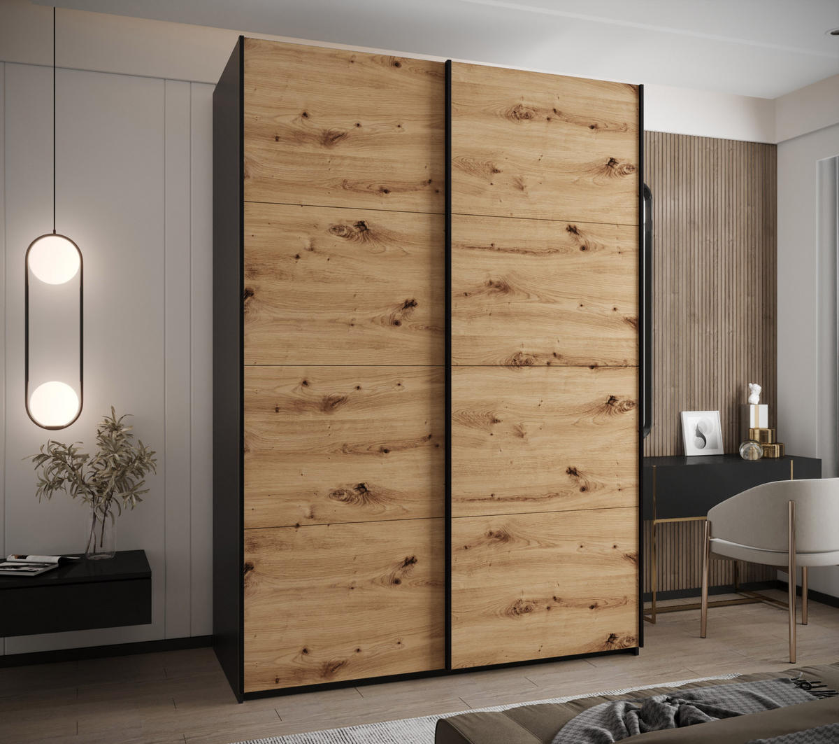 SCHWEBETÜRENSCHRANK 245,5/180/64 2-türig - Schwarz/Eiche Artisan, Holz/Metall (180/245/64cm) - Abiks Möbel