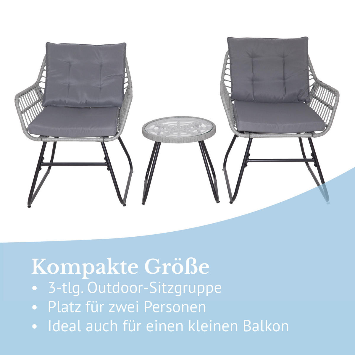 BALKONSET 3-teilig aus Rattan, hellgrau - Hellgrau, Kunststoff - SVITA