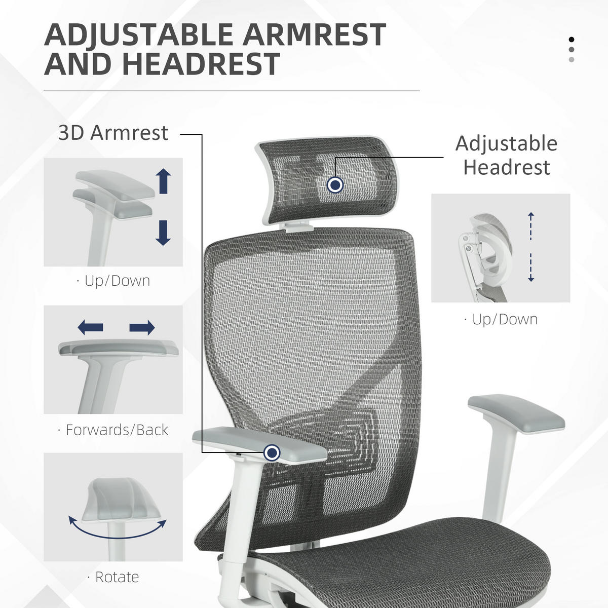 BÜROSTUHL Schreibtischstuhl höhenverstellbar mit 3D-Armlehne 3 Stufen Mesh Grau - Grau, Kunststoff (65/128/67cm) - Vinsetto