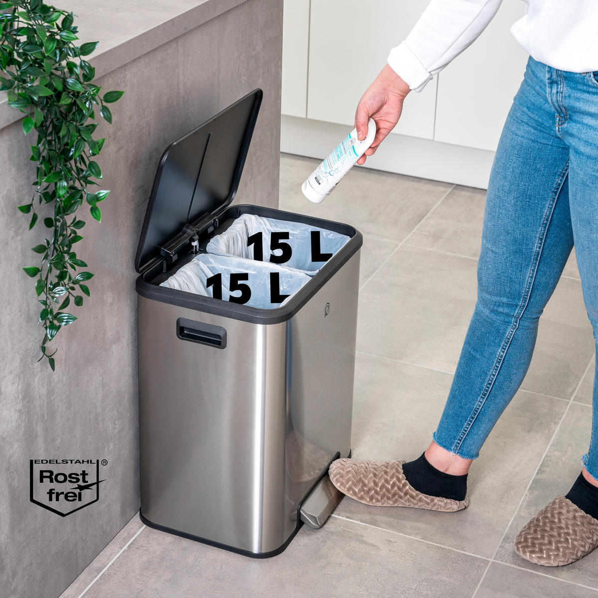 ABFALLEIMER je 15 Liter, silber - Edelstahlfarben, Metall (42.5/50/33.5cm) - eluno